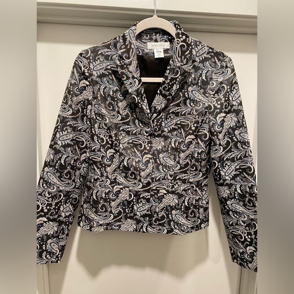 Vintage Nine West Jacquard Paisley Patterned Printed Black & Blue Blazer Jacket